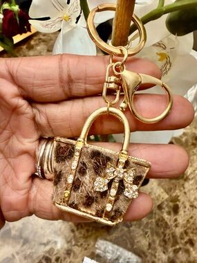 Gold-Tone Brown Faux Fur Tote Bag Keychain with Crystal Bow Charm